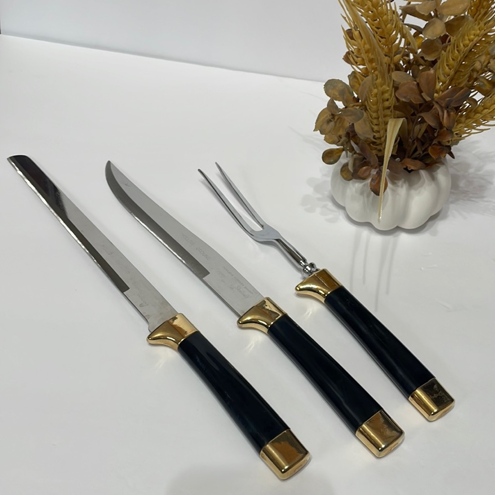Vintage Regent Sheffield England 3 PC Black & Gold Handle Carving Set W/O Box